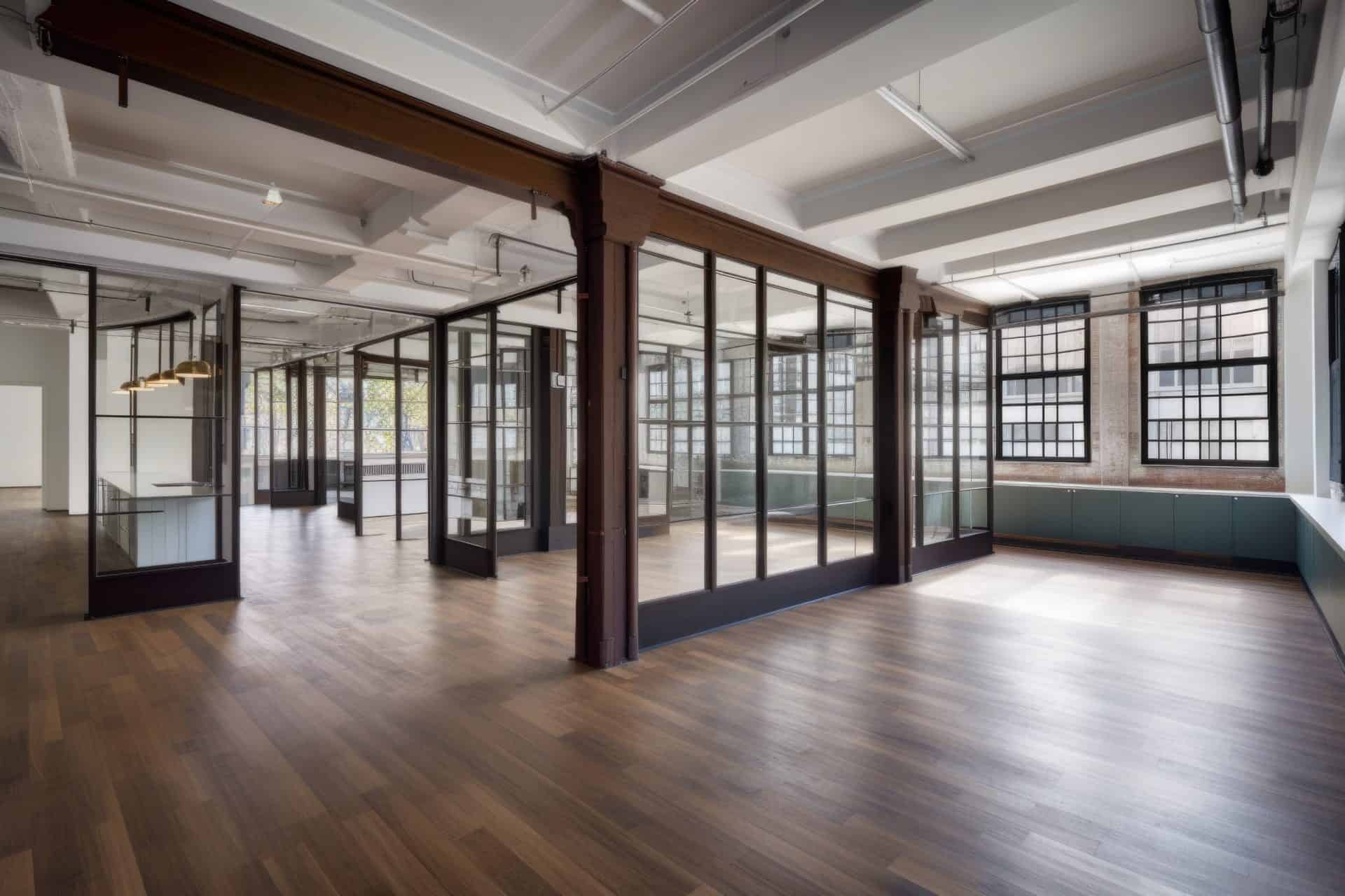 historic building being converted into modern office space, with glass walls and open floor plan